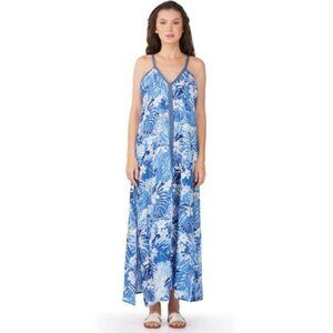 America & Beyond Tropical Blues Maxi Dress SMALL Floral Print Blue & White NEW
